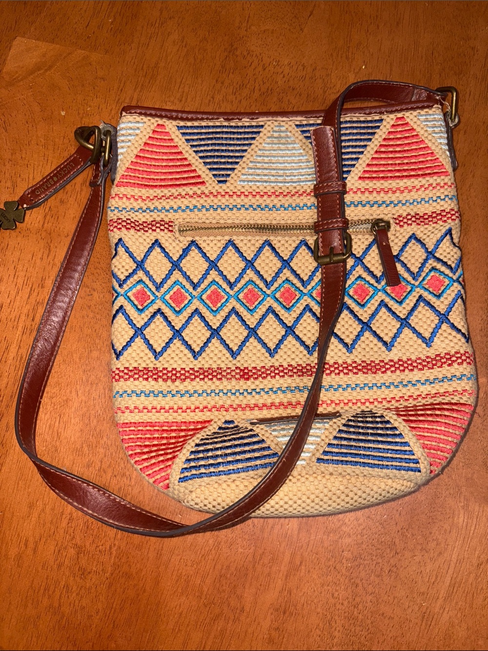 Lucky Brand Woven Crossbody in Tan with Blue & Red Accents